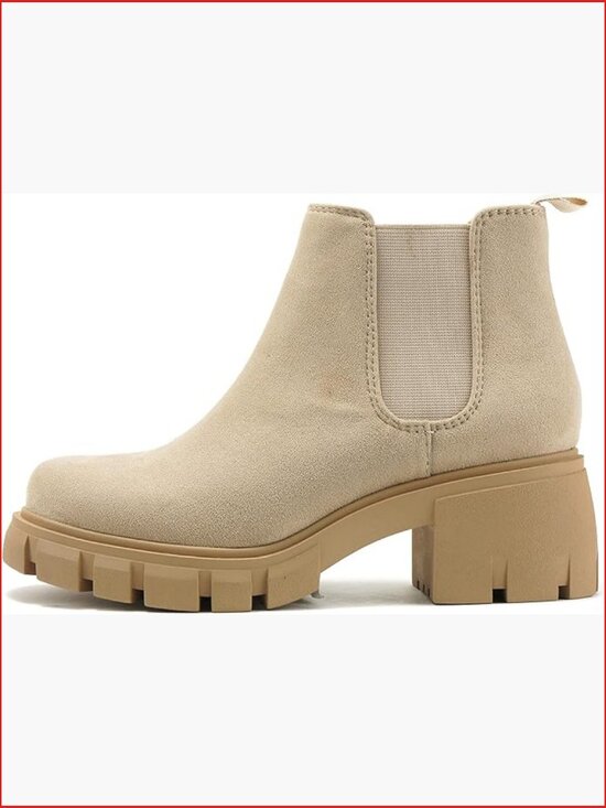 Shoes - Lug Sole Mid Heel Chelsea Ankle Bootie with Elastic Gore